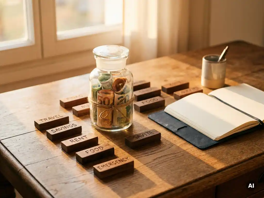 Glazen pot gevuld met opgerolde eurobiljetten op een eikenhouten bureau met gelabelde houten blokken voor budgetplanning.