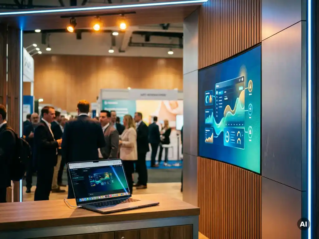 Laptop op de voorgrond toont productdemo op verlicht beursstandscherm, omgeven door warme spotlights en zachte menigtevervaging.