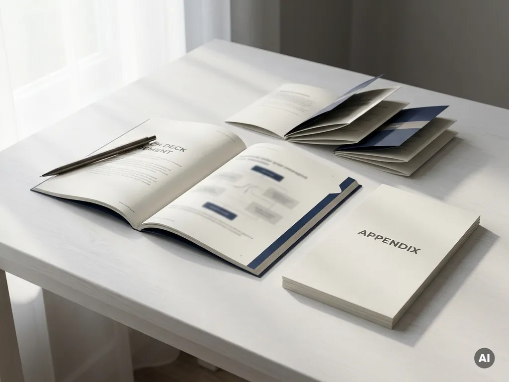 Open pitch deck document op wit bureau met uitgewaaierde secties, apart appendix gedeelte en pen, zachte natuurlijke belichting.