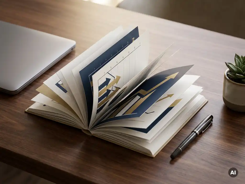 Pitch deck met groeicurven en grafiekslides, opengevouwen op donker bureau naast laptop, vulpen en succulent.