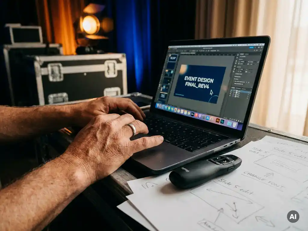 Handen van een designer die backstage last-minute een evenementpresentatie bewerkt op laptop, met draadloze clicker en revisienotities op tafel.
