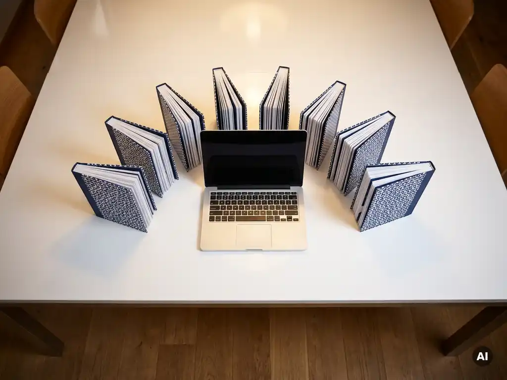 Identieke navy-witte presentatiemappen waaiervormig uitgespreid op een eikenhouten vergadertafel met een open laptop in het midden.