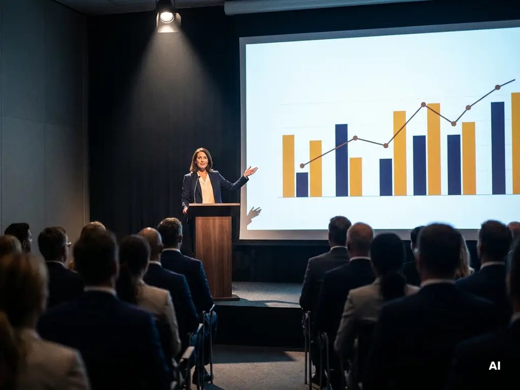 Spreker bij podium op conferentiescène wijst naar projectiescherm met datavisualisaties, vol auditorium op de achtergrond.