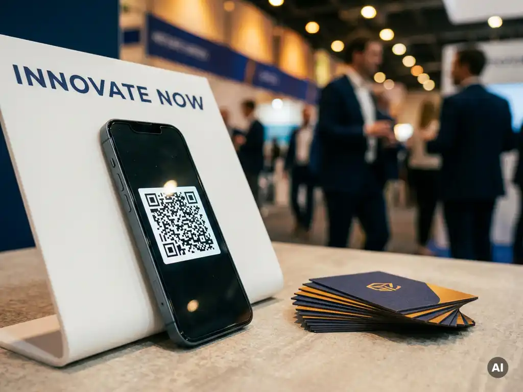 Smartphone met QR-code naast visitekaartjes op een beurs, witte en marineblauw stand op de achtergrond.