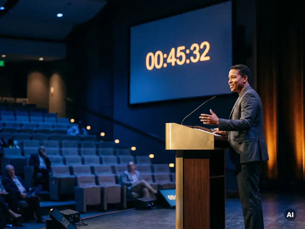 Spreker achter modern podium op verlicht evenementenpodium, met afteltimer op achtergrondscherm en lege zaal op de achtergrond.