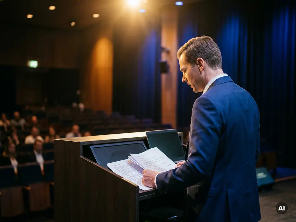 Spreker achter podium op verlicht evenementpodium, blik op gedrukte sprekersnotities naast laptop, warme spotlight en donkerblauwe achtergrond.