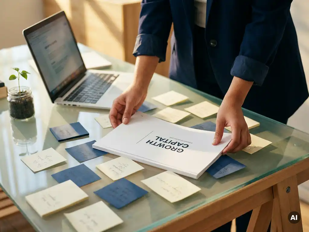 Handen die een pitch deck schikken op glazen bureau met laptop, sticky notes en zaailing als symbool voor startup-groei.