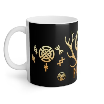 Side view of the 'Dear God, I'd Rather Be a Pagan' Mug.