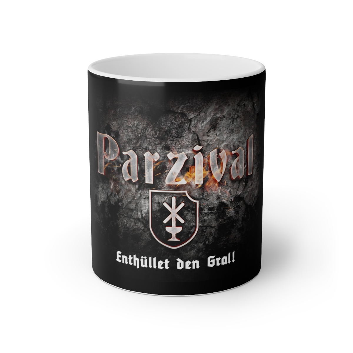 Parzival Mug with Maier Files emblem and the words "Enthuellet den Gral!" (Unveil the Grail!)