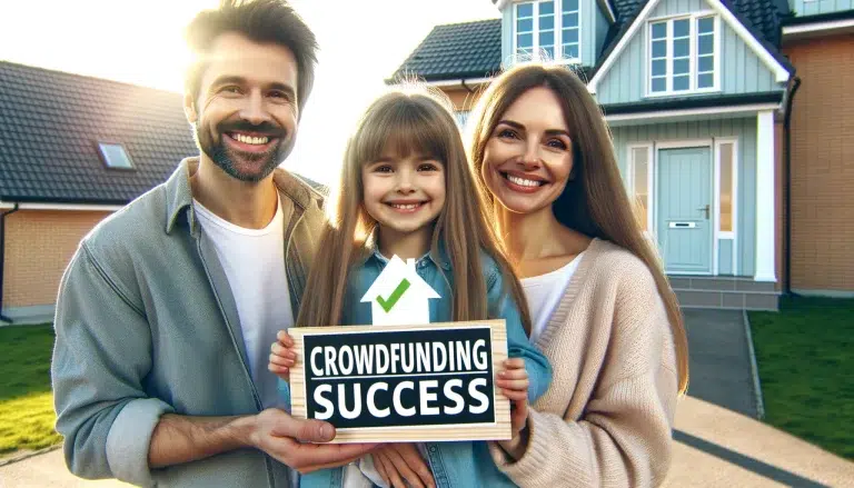 DALL·E-2024-06-03-19.56.32-A-family-celebrating-their-new-home-bought-with-the-help-of-crowdfunding.-They-are-standing-in-front-of-the-house-with-a-Crowdfunding-Success-sign.webp