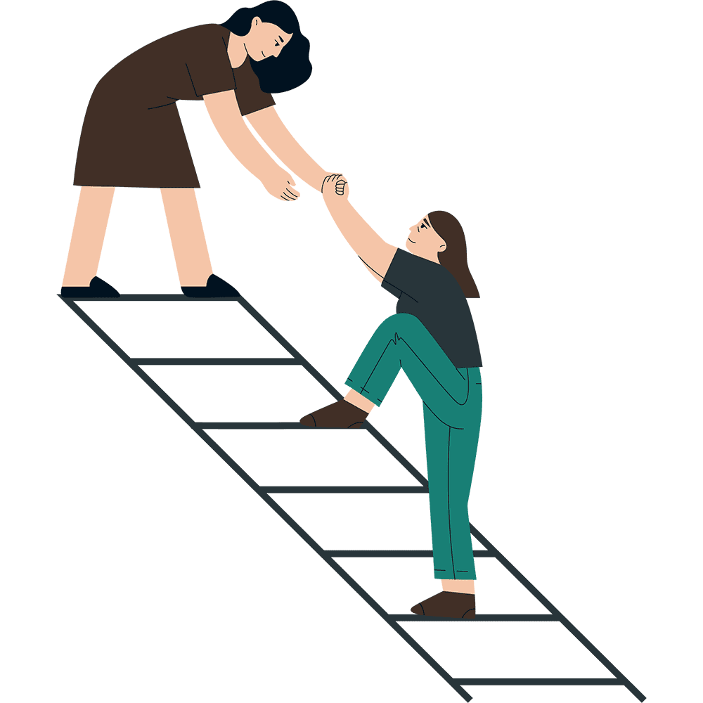 Illustration af en person, der hjælper en anden op ad en stige, som symboliserer støtte og vejledning i at overvinde angst.