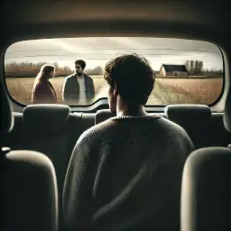 en kille sitter i en bil och tittar ut genom bakrutan på ett par