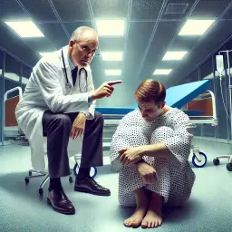 läkare som pekar ett varnings finger till en patient som sitter på golvet