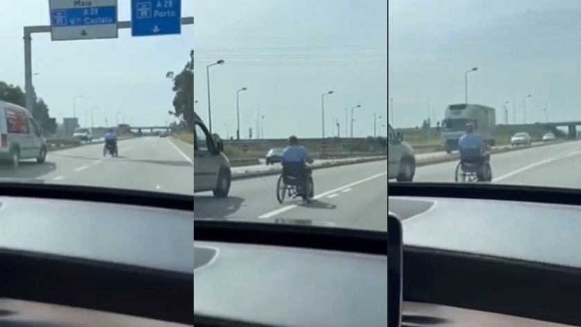 Homem em cadeira de rodas na estrada nacional em Vila do Conde
