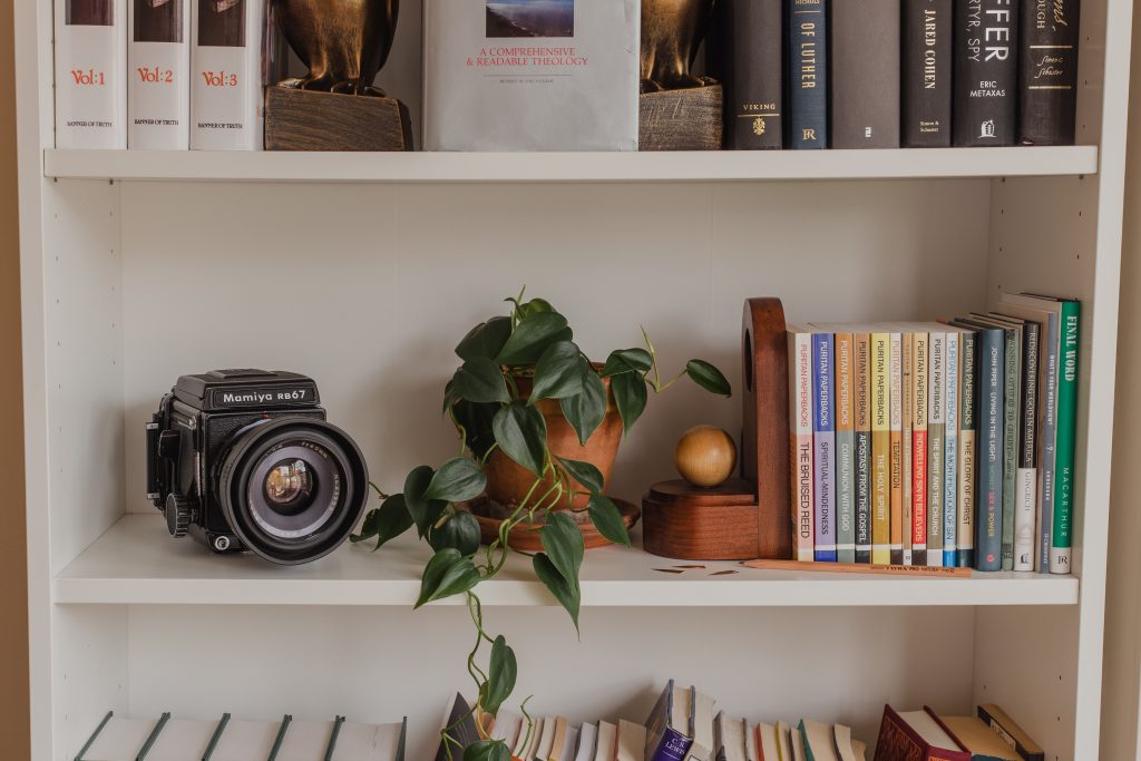 white bookshelf with a camera, plant and some books