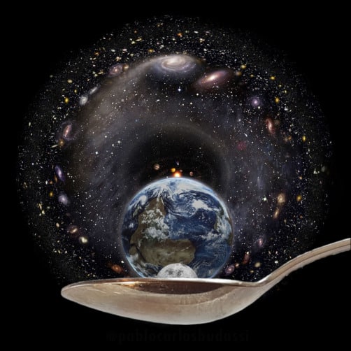 The image illustrates the understanding of the universe served in a teaspoon.