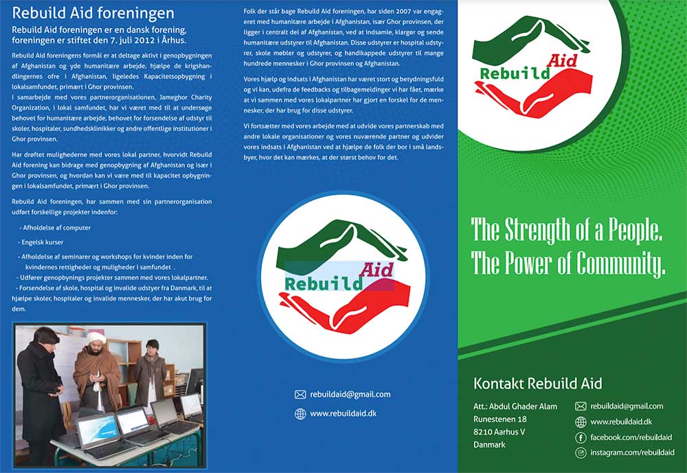 Information brochure presenting Rebuild Aid Forening’s background, mission, and humanitarian activities in Afghanistan.