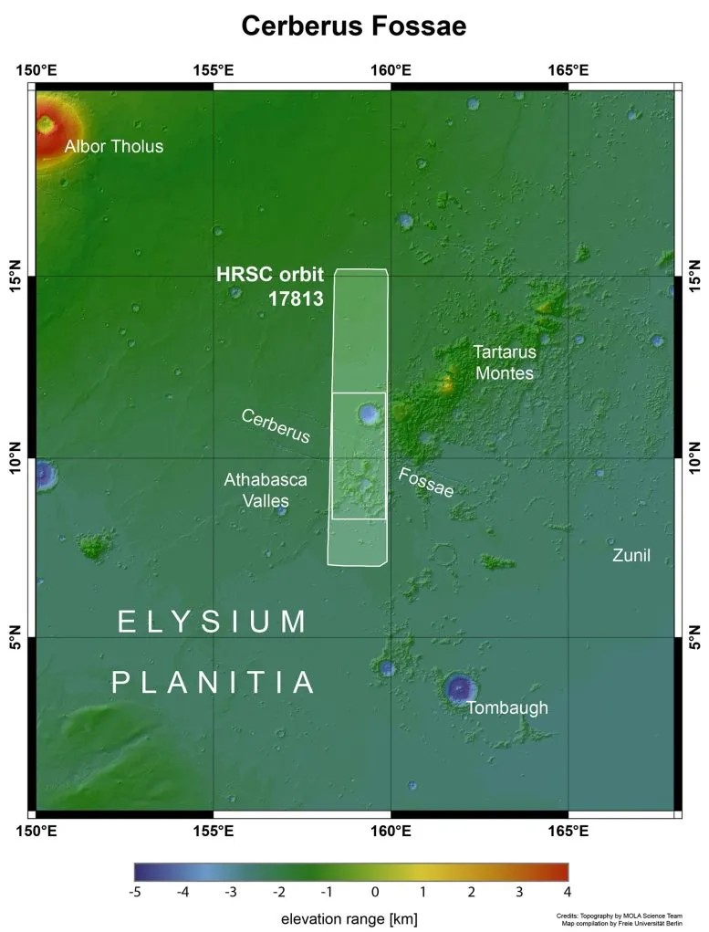 Cerberus Fossae nel contesto dei suoi dintorni nella regione Elysium Planitia di Marte vicino all'equatore. Credito: NASA MGS MOLA Science Team