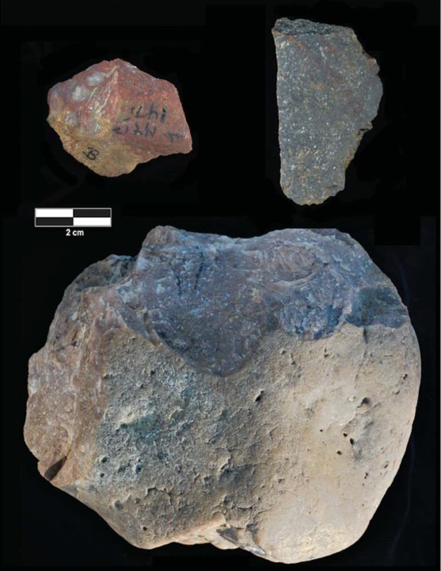Tre delle scaglie e dei nuclei di pietra trovati in Kenya. (Plummer et al., Scienza , 2023)