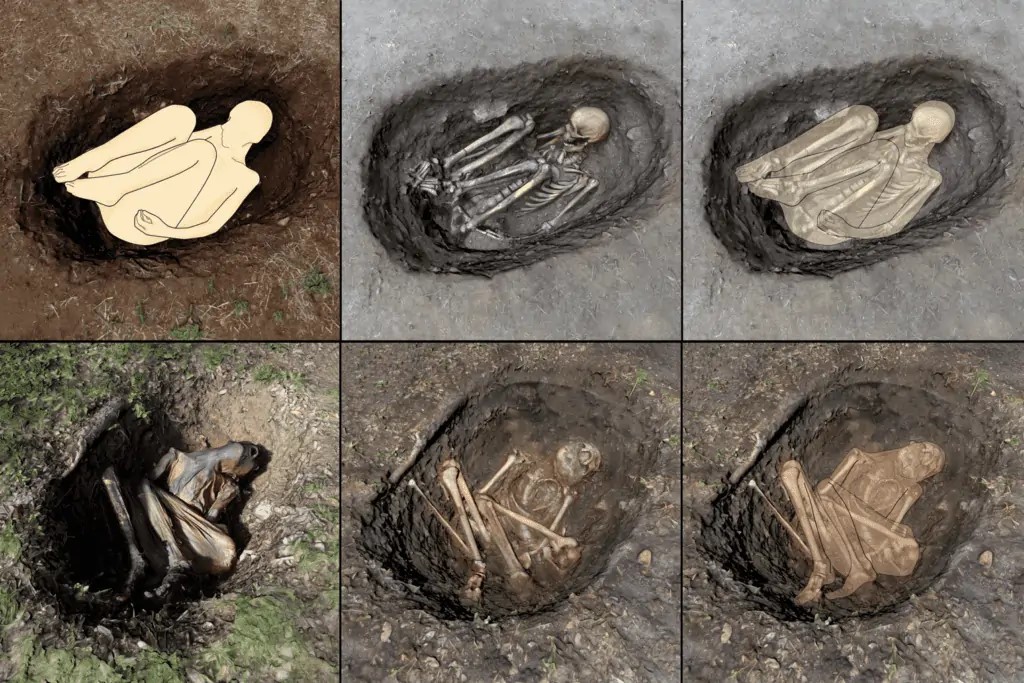 Un'illustrazione che confronta la sepoltura di un cadavere fresco e di un corpo essiccato che ha subito una mummificazione guidata. Crediti: Uppsala University e Linnaeus University in Svezia e Università di Lisbona in Portogallo.