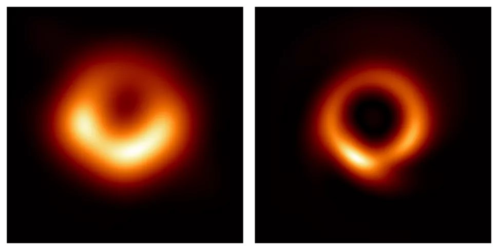 Un confronto fianco a fianco dell'immagine del buco nero M87* prima (sinistra) e dopo (destra) l'aumento della nitidezza mediante l'algoritmo PRIMO.  (Credito immagine: Medeiros et al. 2023)
