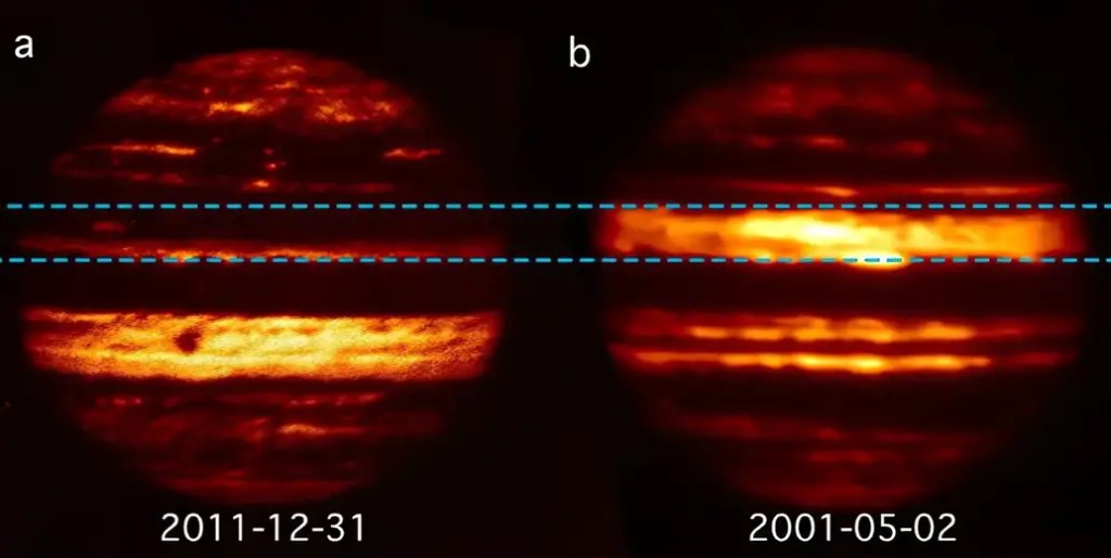 Immagini da un telescopio a infrarossi a terra, che mostrano Giove a una radiazione di lunghezza d'onda di 5 micron. Si può vedere il notevole cambiamento tra maggio 2001 e dicembre 2011 nella fascia equatoriale settentrionale (evidenziata tra le linee blu tratteggiate). Credito: Arrate Antuñano/NASA/IRTF/NSFCam/SpeX
