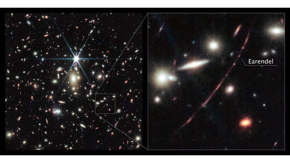 Un enorme ammasso di galassie (a sinistra) ingrandisce la luce della stella conosciuta più lontana dell'universo (a destra). (Crediti immagine: NASA, ESA, CSA, D. Coe (STScI/AURA per ESA; Johns Hopkins University), B. Welch (Goddard Space Flight Center della NASA; Università del Maryland, College Park). Elaborazione immagini: Z. Levay. )
