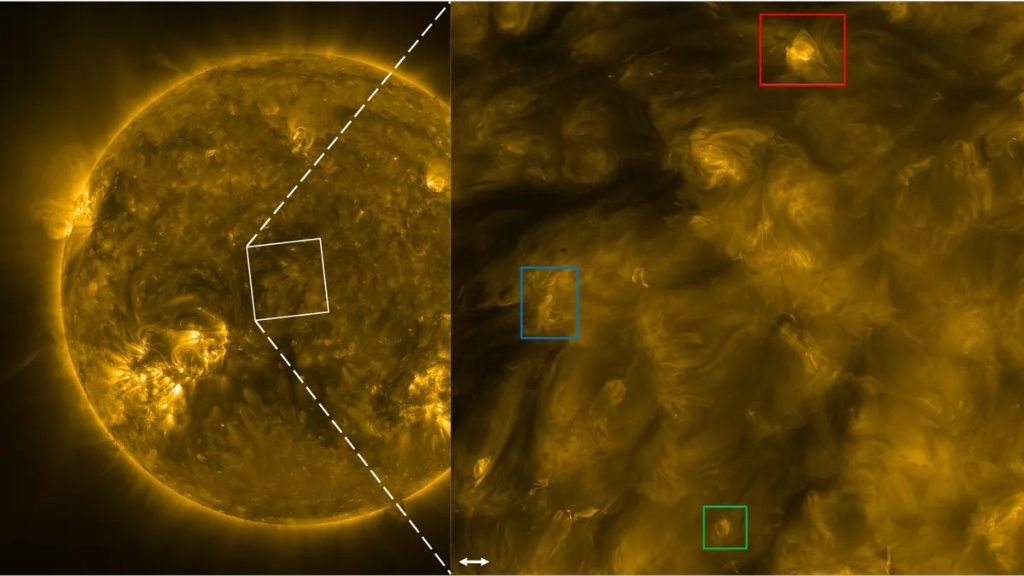 Perché la corona solare è 200 volte più calda della sua superficie? 1 Le osservazioni del Sole effettuate il 12 ottobre 2022 mostrano onde magnetiche evidenziate da riquadri colorati che potrebbero spiegare il riscaldamento coronale (Credito immagine: Solar Orbiter/EUI Team)