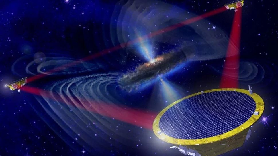 Rappresentazione artistica del rilevatore di onde gravitazionali LISA basato nello spazio, la cui costruzione è stata appena approvata dall'Agenzia spaziale europea.(Credito immagine: EADS ASTRUM)
