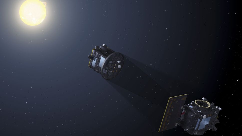Quando sarà in orbita attorno alla Terra, Occulter si posizionerà tra Coronagraph e il Sole per creare mini eclissi artificiali.(Credito immagine: Agenzia spaziale europea)
