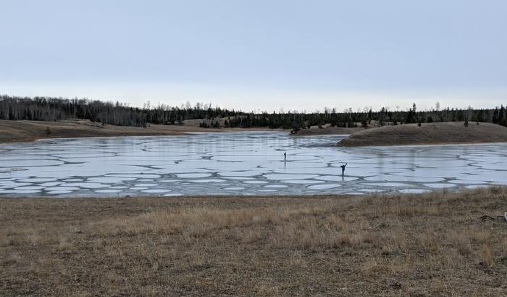 Questa vista panoramica del Lago Last Chance mostra come appaiono i laghi di soda con una superficie ghiacciata.
