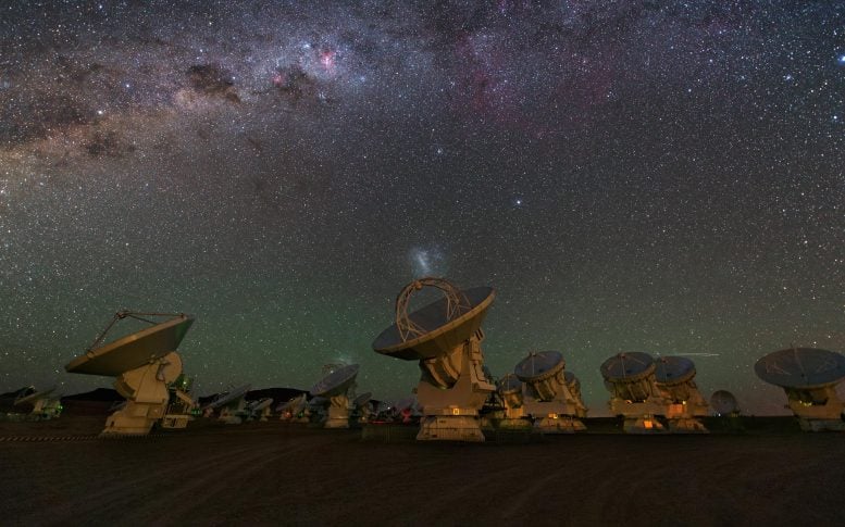 Un gruppo di antenne ALMA da 12 metri che osservano il cielo notturno. Le osservazioni in questo studio sono state effettuate utilizzando antenne da 12 m. Credito: ESO/Y. Beletskij

