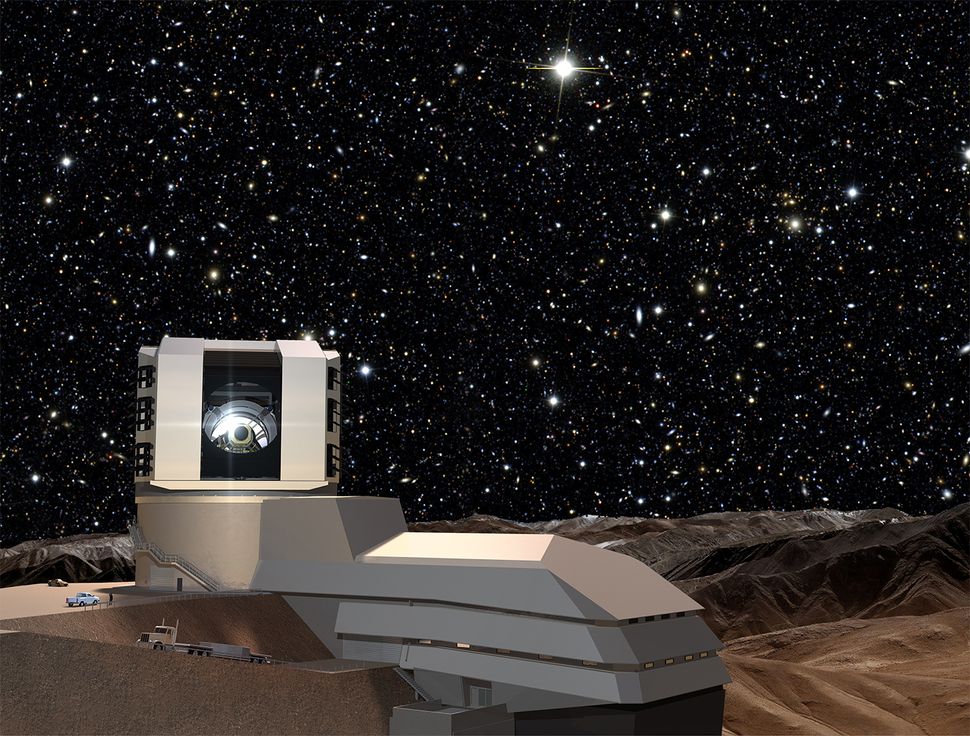 Concetto delle strutture Legacy Survey of Space and Time (LSST) costruite sul Cerro Pachón. Si prevede che la fotocamera entrerà in funzione nel 2025 e sarà in grado di rilevare anche mini-lune.(Credito immagine: Todd Mason, Mason Productions Inc. / LSST Corporation)
