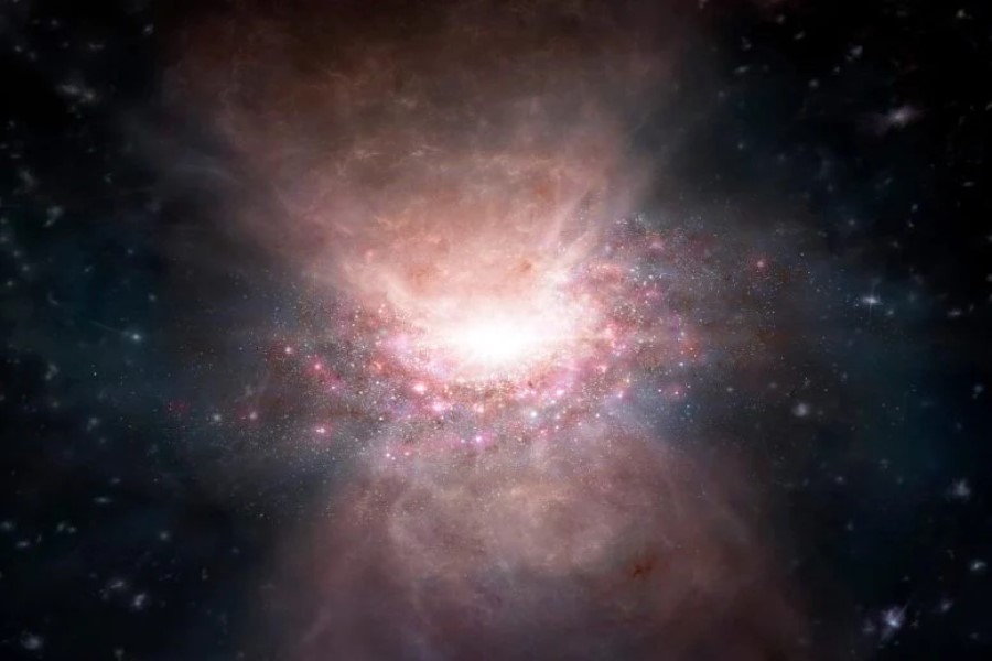 Rappresentazione artistica di un deflusso di gas molecolare dal quasar J2054-0005. Credito: ALMA (ESO/NAOJ/NRAO)
