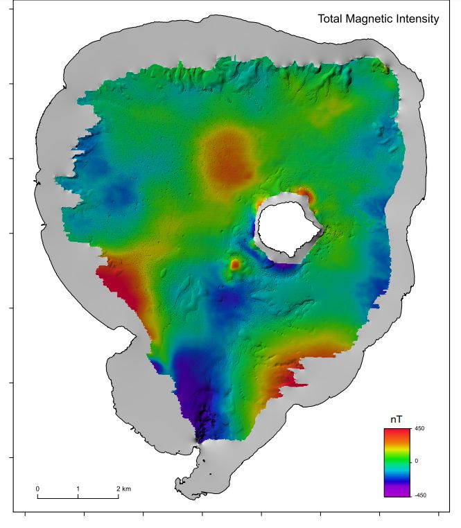 Immagine che mostra la grande anomalia magnetica nella parte meridionale del lago.(Credito immagine: Institute of Geological and Nuclear Sciences Limited (GNS Science).)
