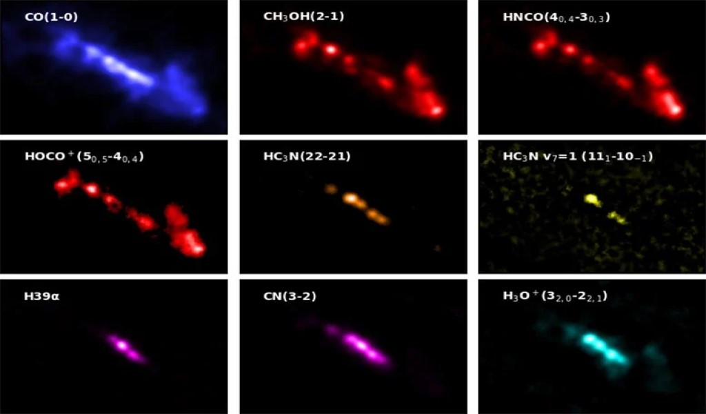 I diversi colori rappresentano la distribuzione del gas molecolare (blu), regioni sotto shock (rosso), regioni ad alta densità (arancione), starburst giovani (giallo), starburst sviluppati (magenta) e gas molecolare influenzato dalla ionizzazione dei raggi cosmici ( ciano). Crediti: ALMA (ESO/NAOJ/NRAO), N. Harada et al.