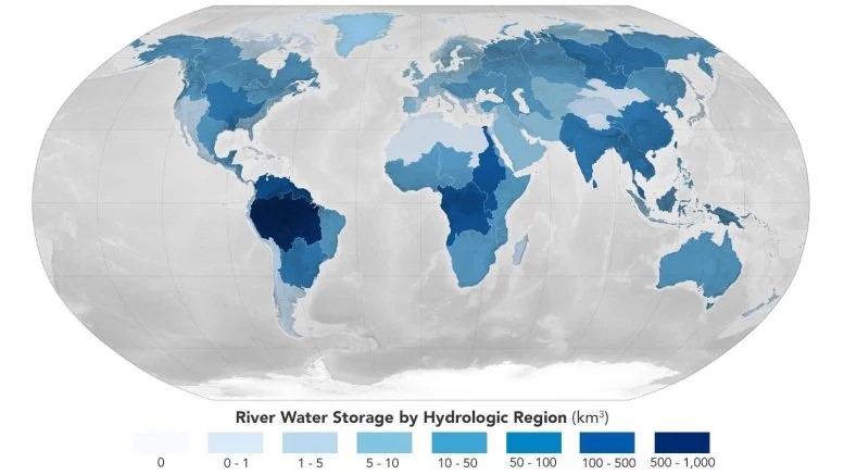 Uno studio condotto dalla NASA ha combinato misurazioni dei flussimetri con modelli computerizzati di 3 milioni di segmenti fluviali per creare un quadro globale di quanta acqua trattengono i fiumi della Terra. Si stima che il bacino amazzonico contenga circa il 38% dell'acqua fluviale mondiale, la maggior parte di qualsiasi regione idrologica valutata. Credito: NASA
