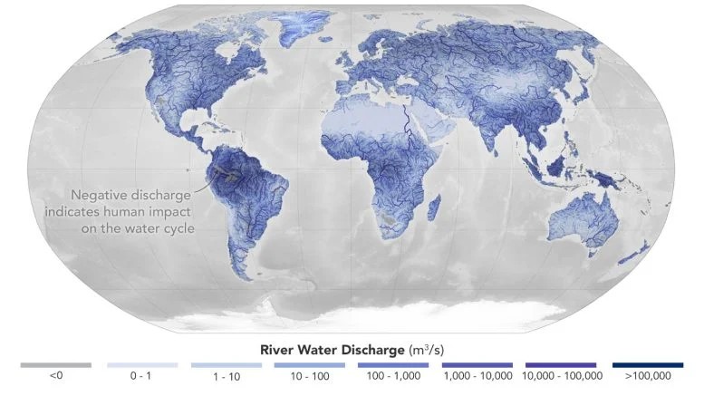 Lo studio condotto dalla NASA ha stimato il flusso attraverso 3 milioni di segmenti fluviali, identificando luoghi in tutto il mondo contrassegnati da un intenso utilizzo di acqua da parte dell’uomo, comprese parti dei bacini fluviali del Colorado, dell’Amazzonia, dell’Orange e del Murray-Darling, mostrati qui in grigio. Credito: NASA