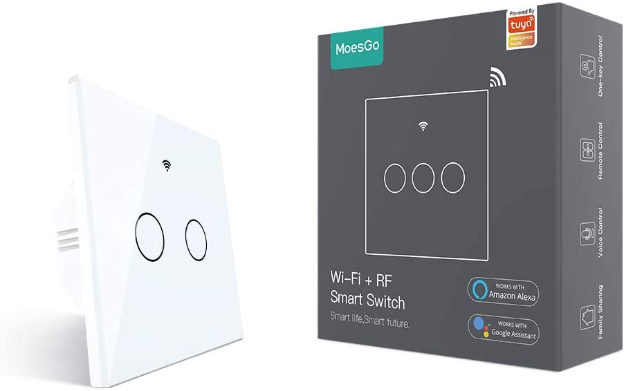 MoesGo Wifi Interruptor táctil con 1 vía o asociación de control múltiple(2 vías),estado del relé opcional,trabajo con apps Smart Life y Tuya,Alexa y Google Home,control remoto RF433 Blanco(2Gang)