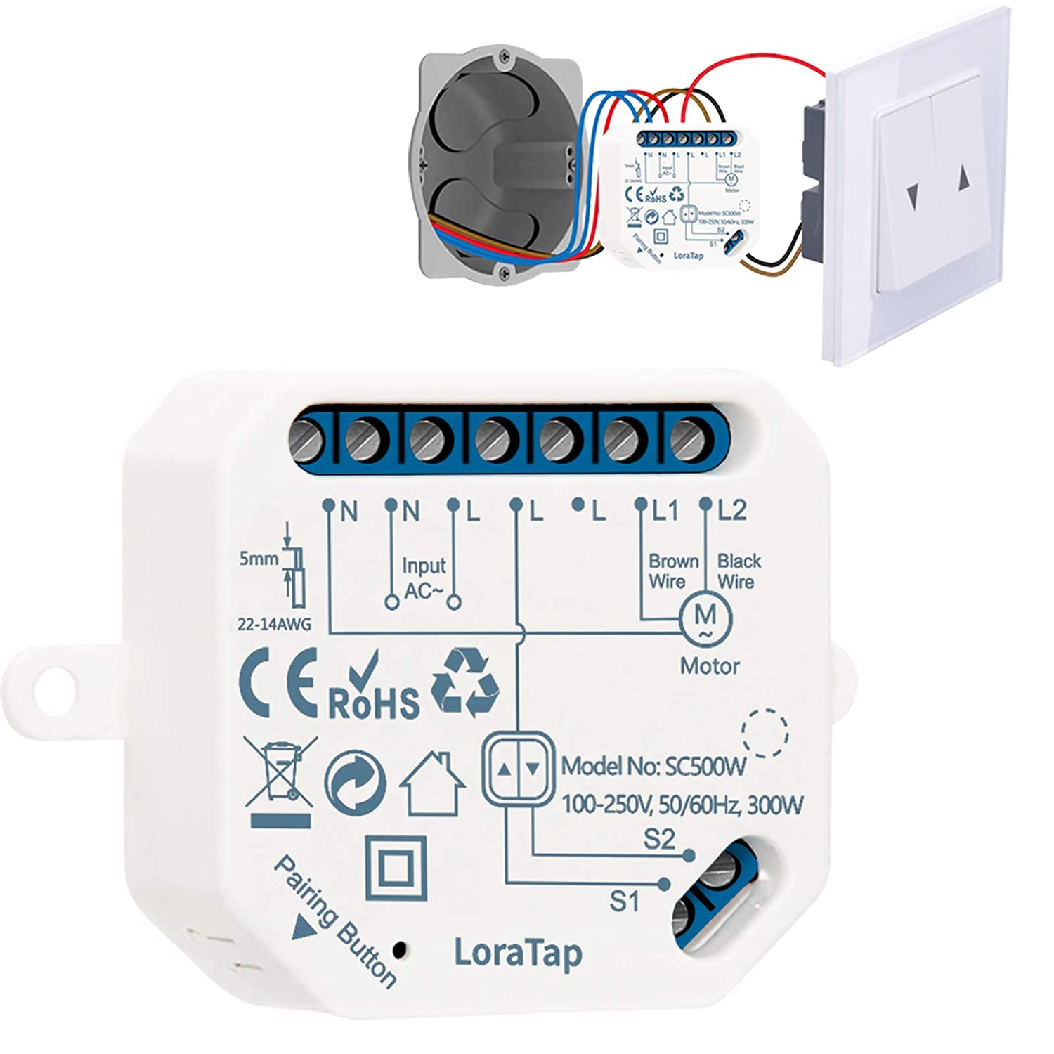 LoraTap Interruptor Persianas WiFi, Relé de Persianas Temporizador Inteligente para Cortina Eléctrica, Control Remoto por Teléfono, Compatible con Alexa y Google Home para Control de Voz, 300W