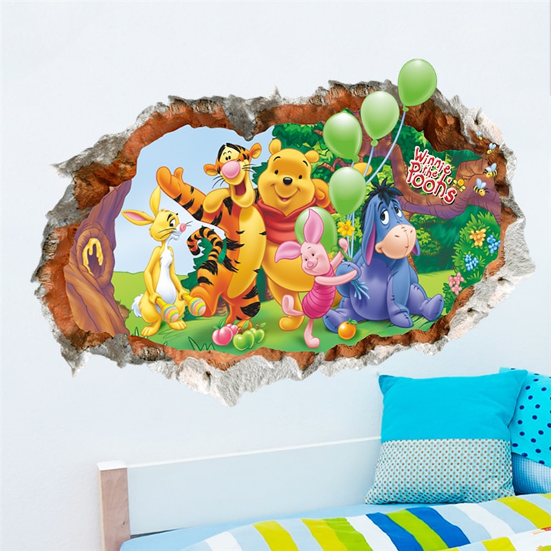 Animales de dibujos animados de Winnie Pooh dormitorio pared arte pegatinas para habitaciones de niños, los niños pared del dormitorio calcomanías 3d vivid cartel
