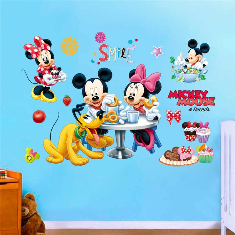 De dibujos animados Mickey Minnie pegatinas de pared para dormitorio de los niños habitaciones de niños Pared de salón etiqueta arte cartel Mural regalo de Navidad Decoración