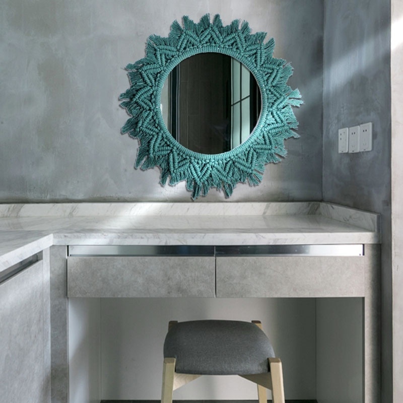 Espejo de pared de macramé hecho a mano para baño, accesorios de decoración del hogar, espejo grande redondo