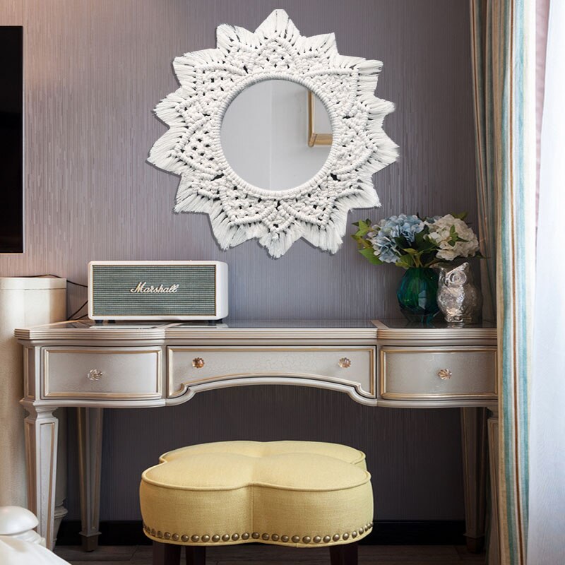 Espejos grandes decorativos de macramé bohemio para pared, para sala de estar, Vintage, redondos, Beige, para colgar en la pared, espejo de ducha de maquillaje para Baño