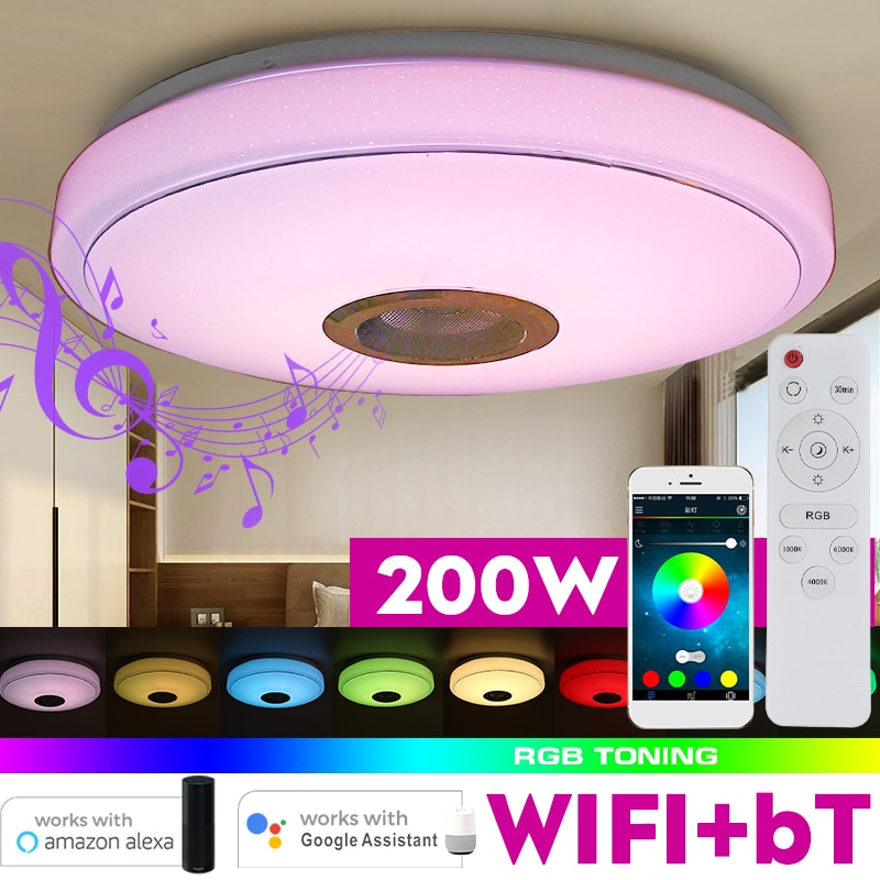 Luces LED de techo RGB modernas WiFi de 200W iluminación del hogar, lámpara de música con bluetooth para dormitorio, lámpara de techo inteligente + Control remoto