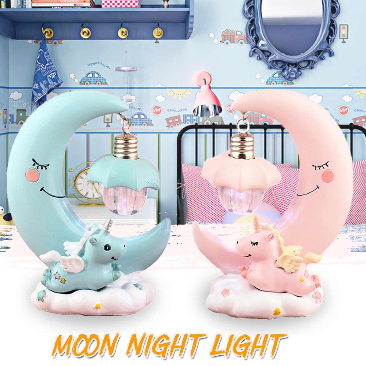 Luz LED de Luna nocturna de unicornio, Luminaria de dibujos animados de resina para dormitorio, decoración para el hogar, regalo de cumpleaños para niños