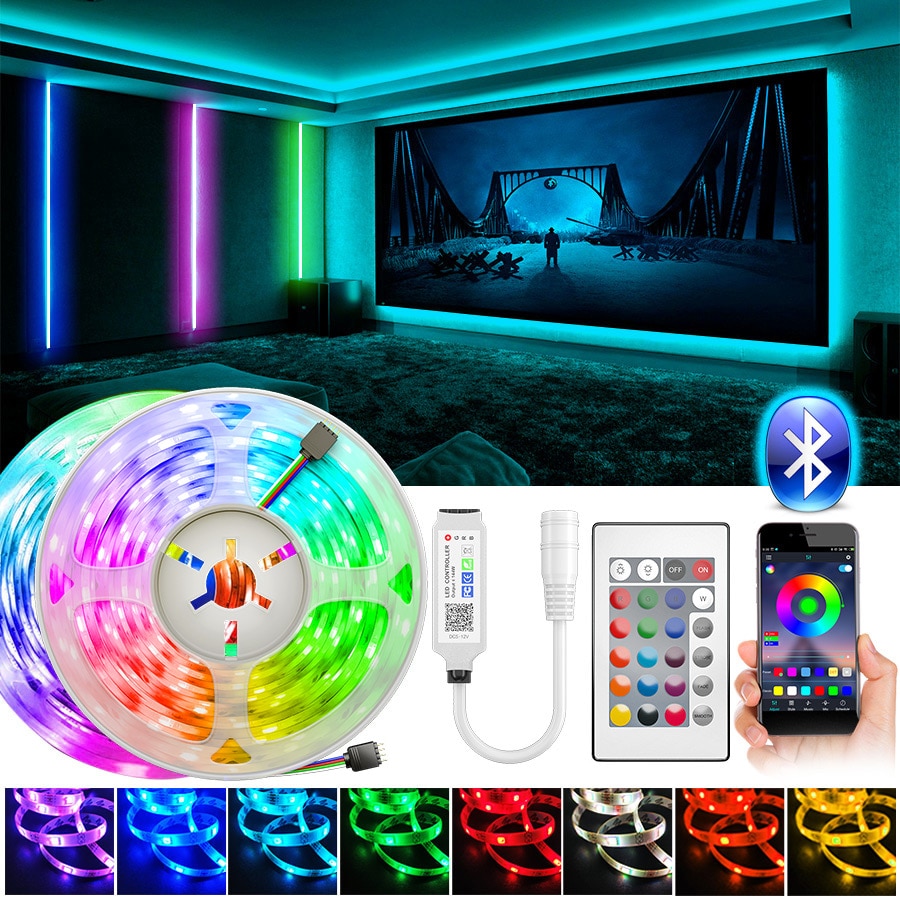 Tira de luces Led RGB de 5m, 10m, SMD5050, 2835, Bluetooth, Flexible, no impermeable, 12V, cinta Led para casa y Navidad