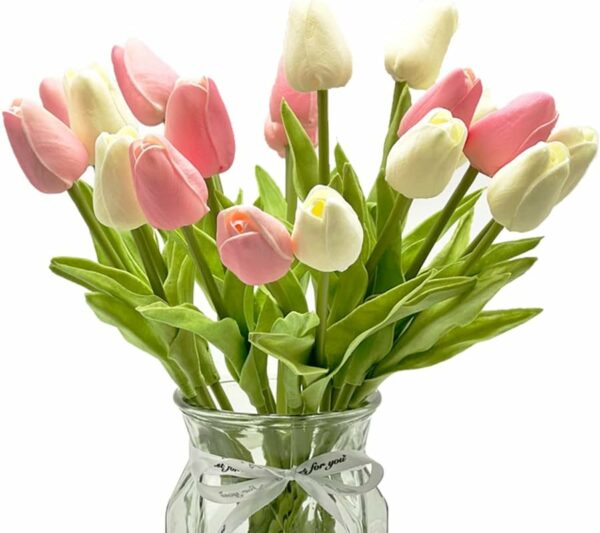 EasyLife – Juego de 20 Tulipanes de imitación de 12,6 Pulgadas, para decoración de Bodas en Interiores y Exteriores, Cocina, Oficina, cafetería, decoración del hogar (Blanco y Rosa)