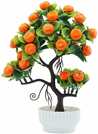 Mokyler 2 plantas artificiales de simulación en maceta de árbol frutal, planta verde falsa, maceta de plástico blanco, flores realistas para decoración de jardín, fiesta en casa, árbol de naranja