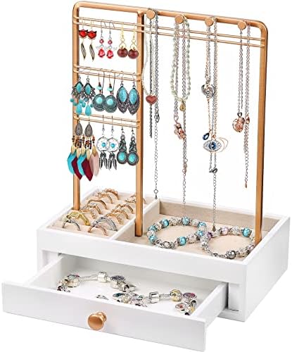 Caluself Soporte Organizador de Joyas, Expositor de Collares de Joyas Y Soporte para Pendientes para el Hogar, con Cajón, Almacenamiento Colgante Decorativo para Collares, Pulseras, Anillos